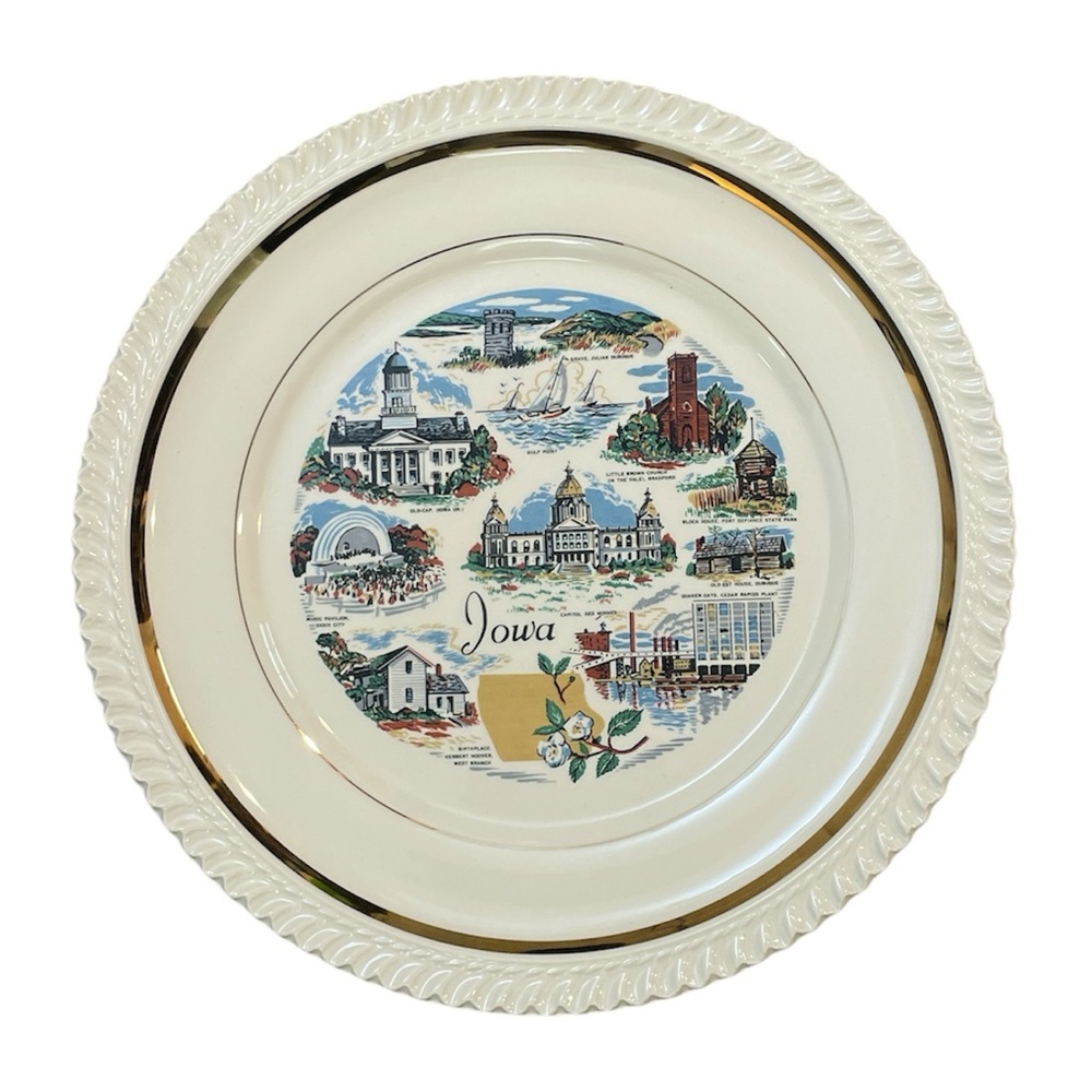 Vintage Iowa Souvenir Decorative Gold-Trim Plate Collectible Landmarks
